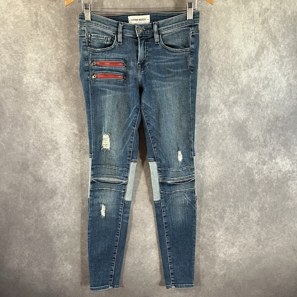 Etienne Marcel Skinny Jeans Womens 26 Blue Distressed Moto Red Zipper EM2006